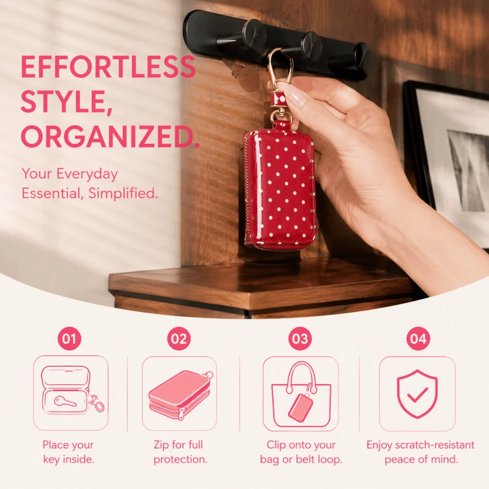 Durable Polka Dot Key Pouch Metal Clasp Compact Zipper Key Protection Cover Pu Leather Water Resistant Small Wallet Daily
