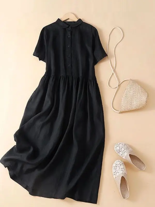 Loose Casual Cotton Linen Short Sleeve Turn-down Collar Long A-line Shirt Dress plus Size Women Summer New Style Slimming