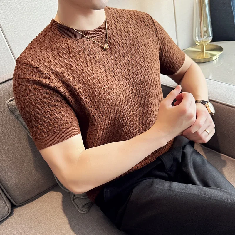 Ice Silk Summer Hollow Knitted T-shirts Men\'s Top Quality Round Neck Short Sleeve T-shirt Men\'s Elastic Casual Business Tee Tops