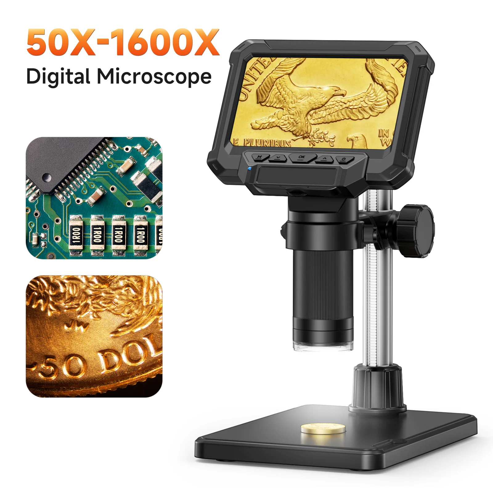 1600X Digital Microscope with 4.3inch IPS Screen Coin Microscope 1080P Video Microscope for Adult Kid Coin Magnifier with 8 LEDs
