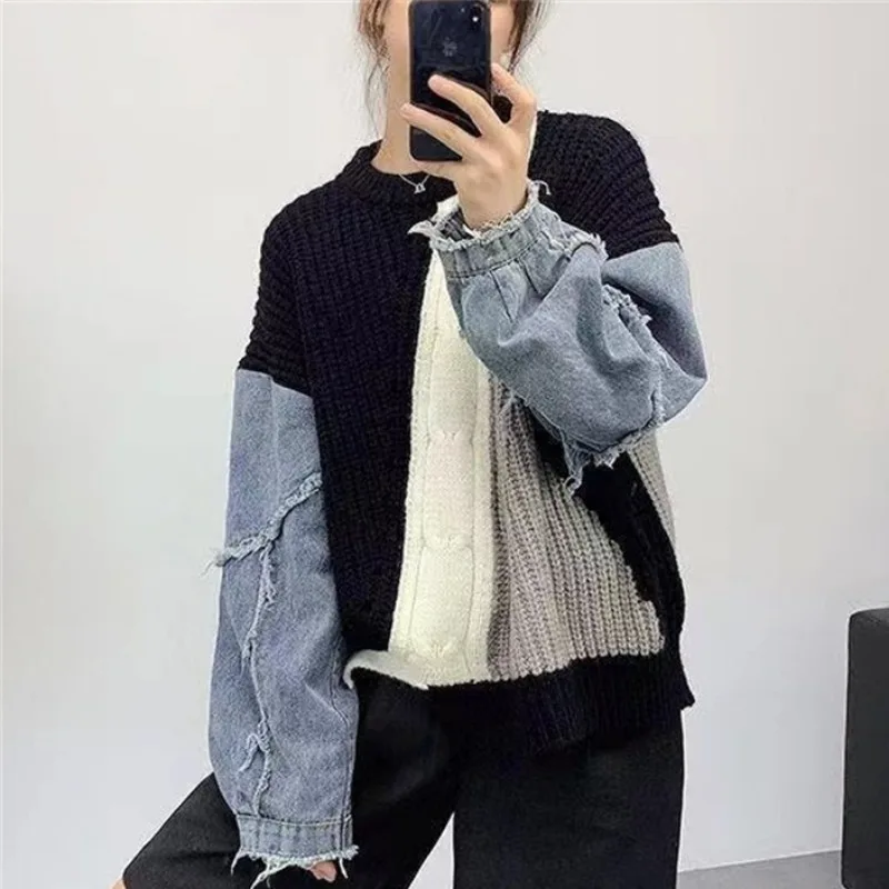 Denim Patchwork Knitted Pullovers Women Color Block O-Neck Sweater Pullovers Female Long Sleeved Loose Pullovers Autumn Winter