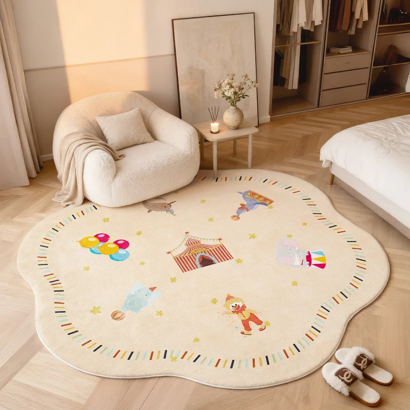 Cartoon-Muster Schlafzimmer-Deko Runder Teppich Dicker Plüschteppich für Wohnzimmer Flauschige Weiche Bettvorleger Rutschfester Kinderteppich