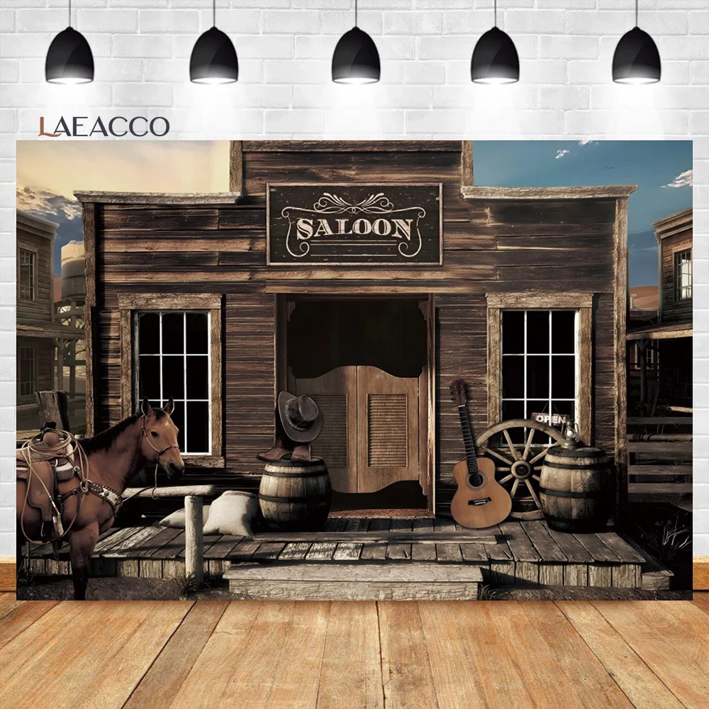 Laeacco West Cowboy Themed Backdrop Boots Hat Wheel Wood Board Saloon Boy Kids Baby Shower Party Portrait Photography Background