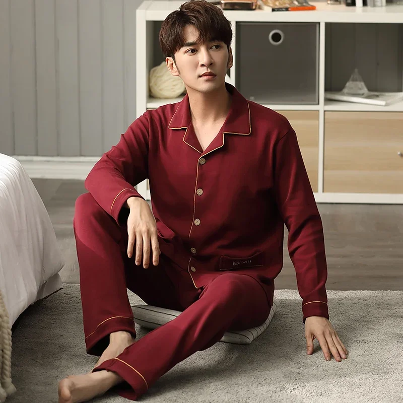 New Arrival Man Pajama Cotton Lapel Long Sleeved Pants Plus Size Pijamas Sleepwear Cardigant Leisure Homewear Nightwear for Male