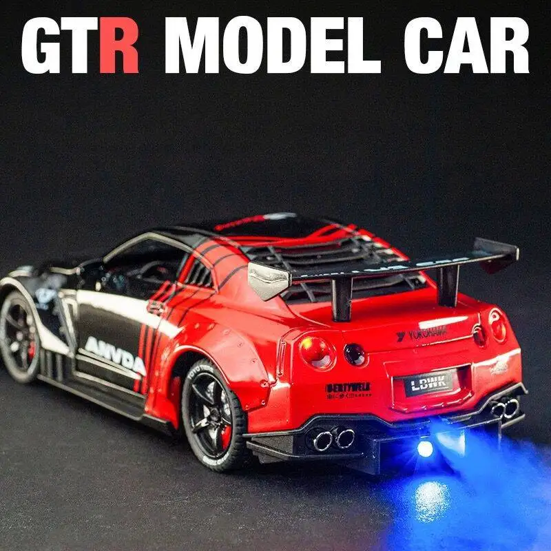 

1/24 Nissan GT-R GTR R35 модель спортивного автомобиля из сплава, литая под давлением металлическая гоночная машина, модель автомобиля, звук и свет со спреем, детская игрушка в подарок