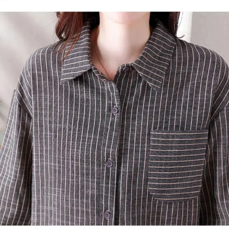 Retro Striped Women\'s Autumn 2024 New Patchwork Polo Collar Button Fashion Loose Pocket Minimalist Casual Long Sleeved Shirts