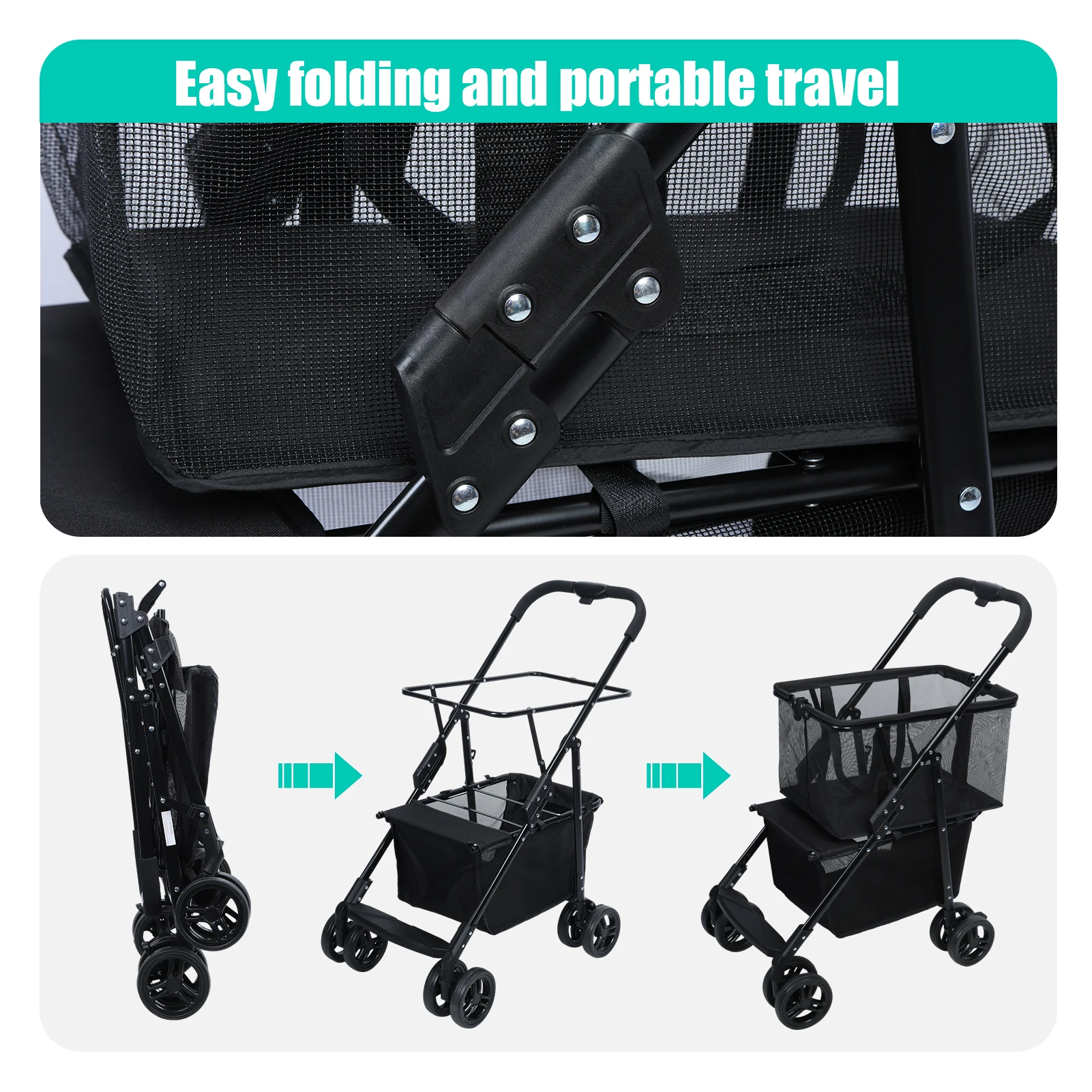 Carro de compras, carro de utilidad plegable, bolsa de transporte desmontable con ruedas, carrito de compras personal plegable para cochecito