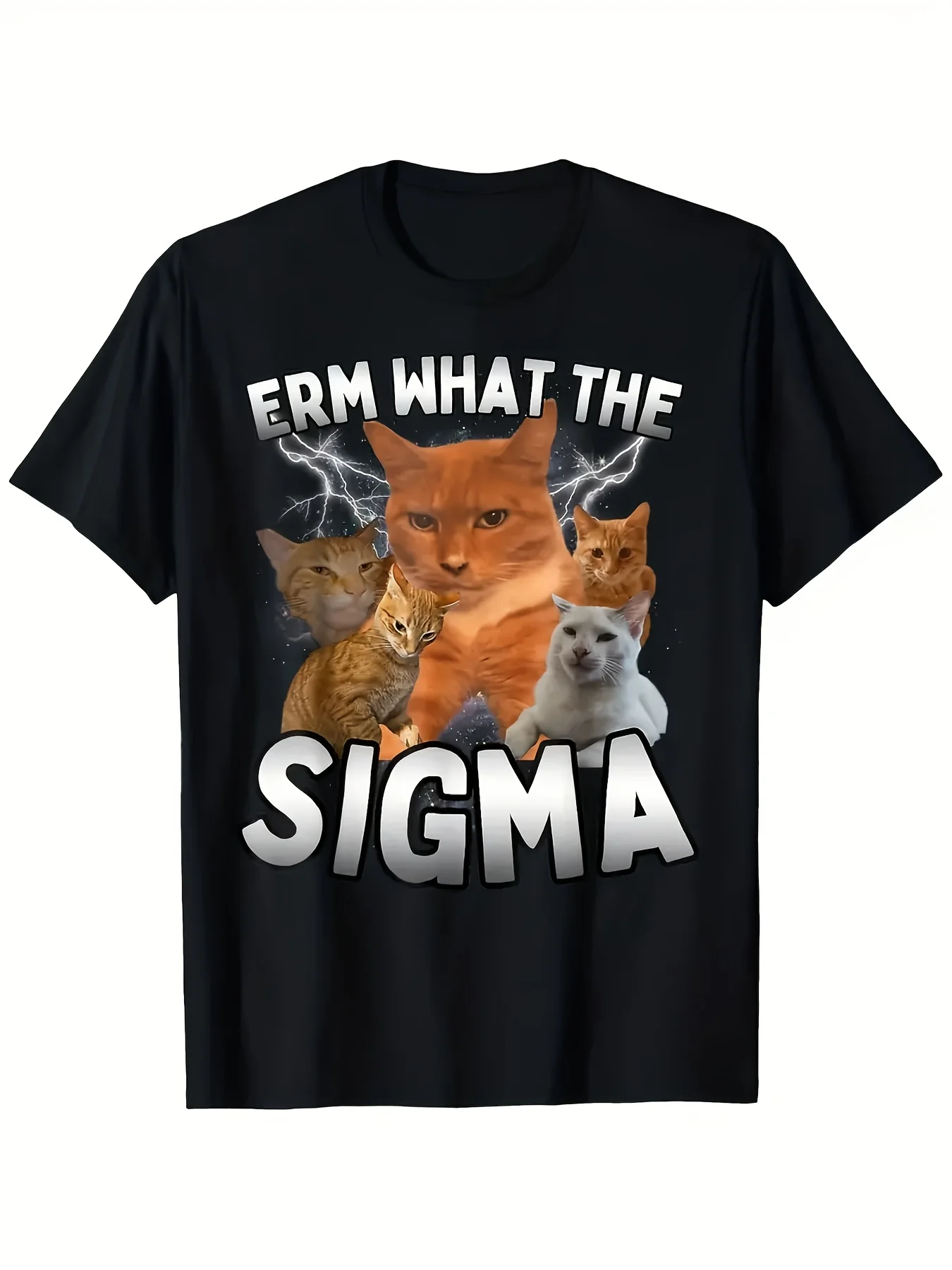 Funny Men's Black Graphic T-Shirt Cat Group Lightning Meme Slogan Bold Typography Vintage Print 100% Cotton Heavyweight Short Sleeve Casual Streetwear Tee
