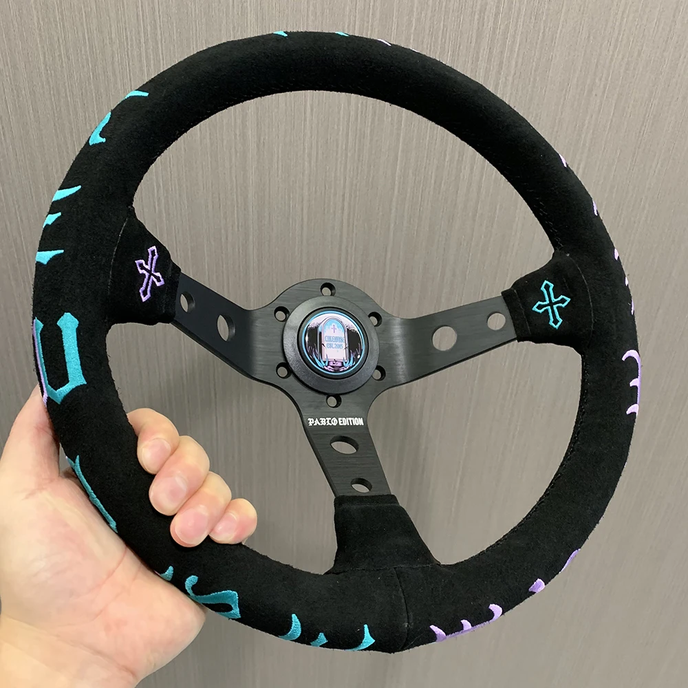 Tiypeor Universal likewise Suede Leather Steering Wheel 330mm Deep Dish Embroidery Racing Steering Wheel