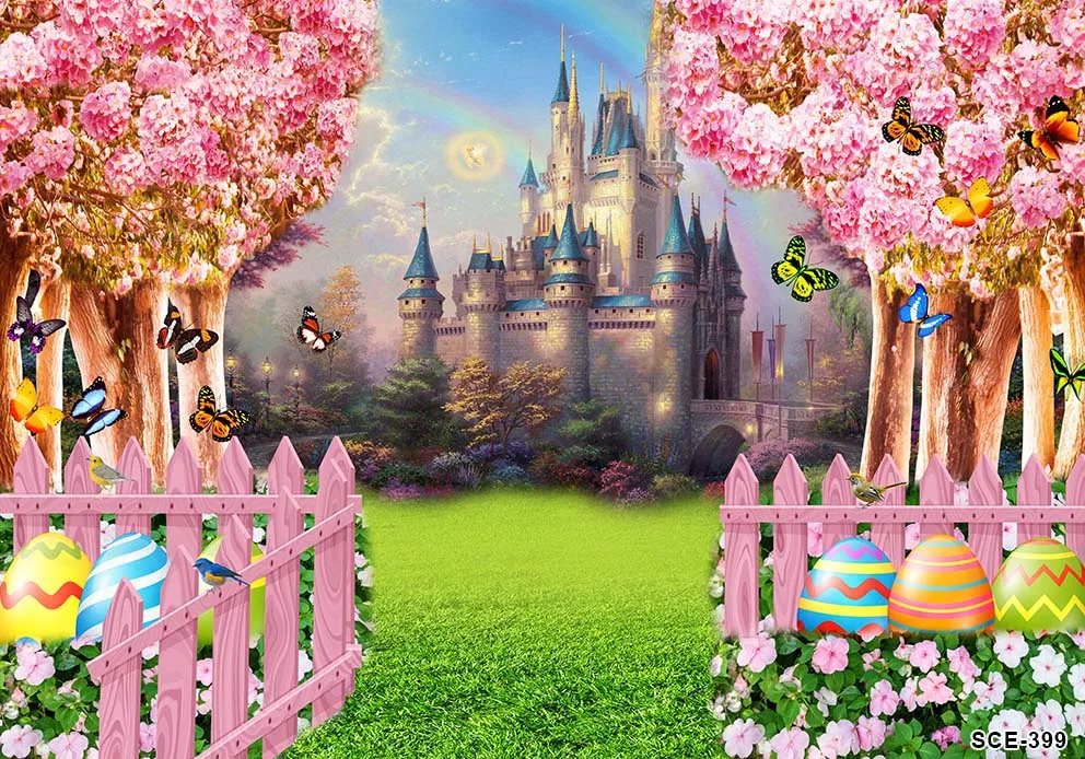 Photography Backdrops Fantasy Fairy Pink Castle Cherry Blossoms Tree Rainbow Butterfly Children Kids Photo Studio Background