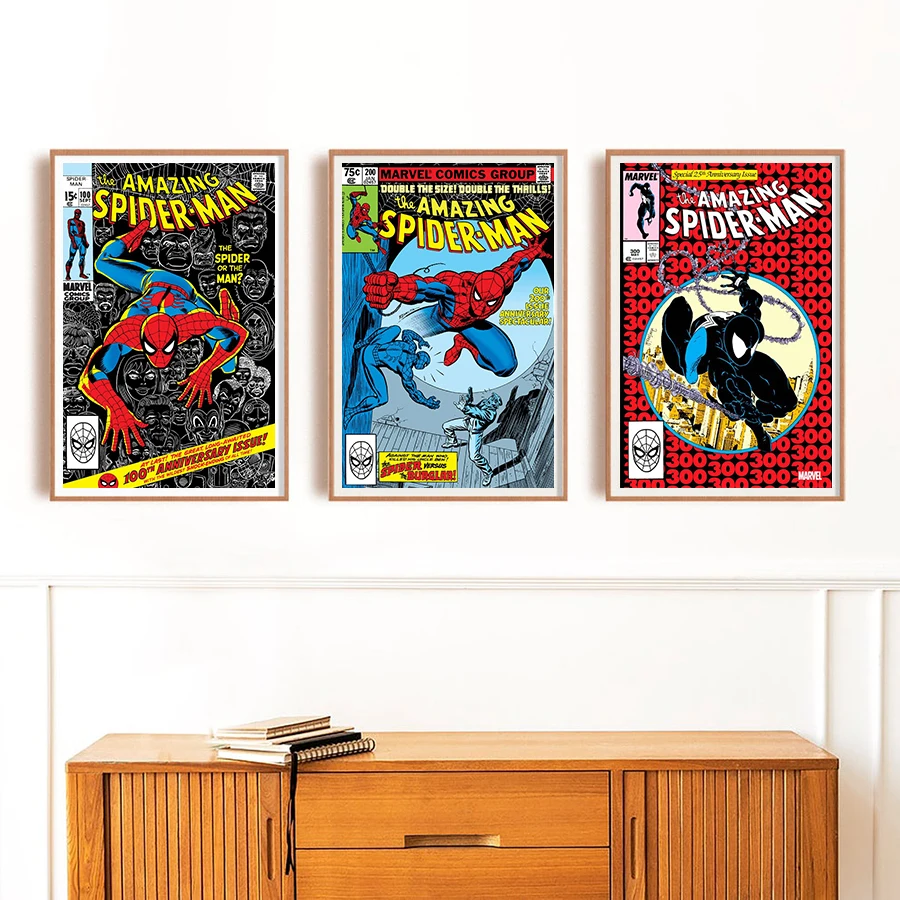 Vintage 100th 200th 300th Edition Spider-Man Comic Cover Poster Spider Man Gifts Classic Comic Covers Canvas Print Bedroom Decor