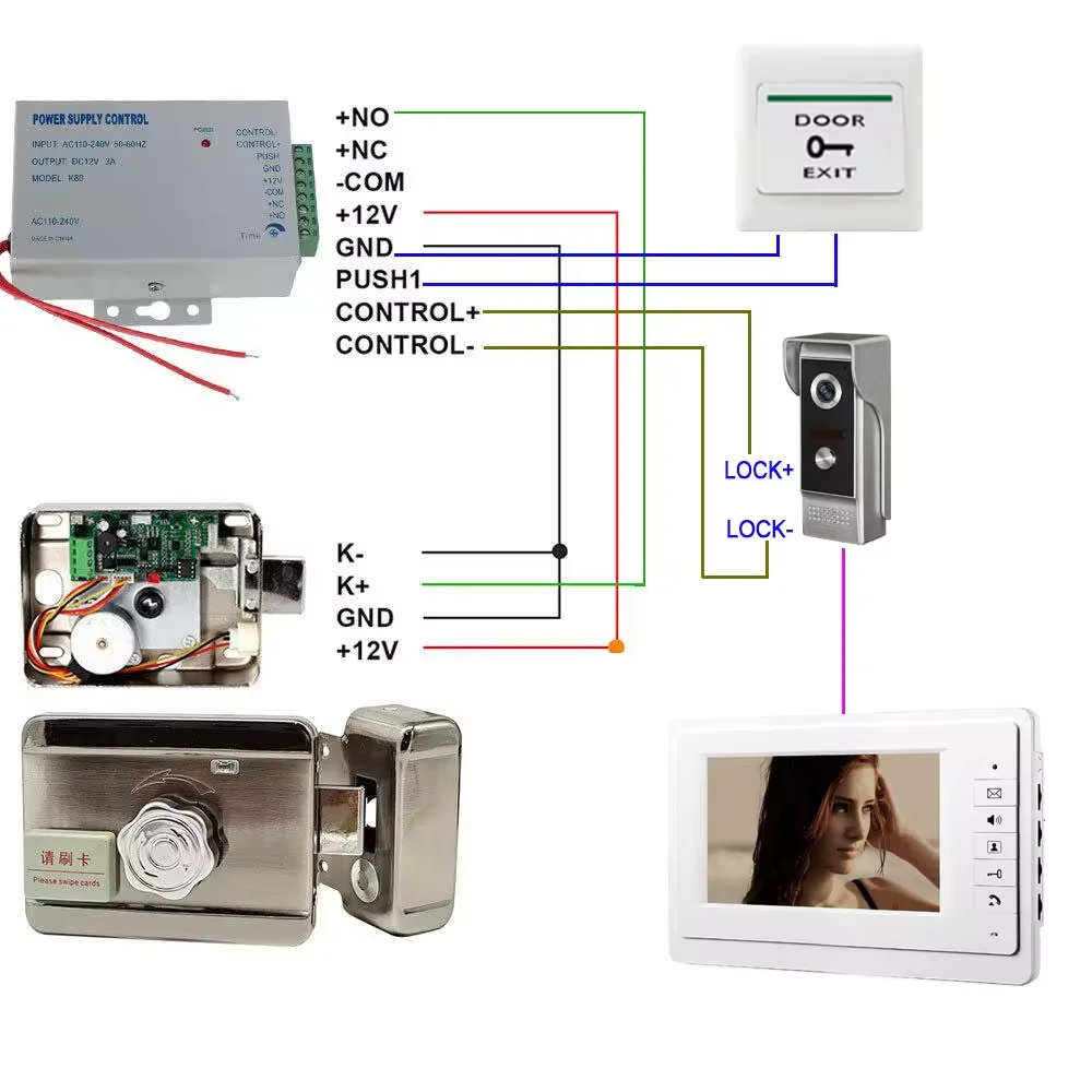 DC 12V Door Access Control system add RFID Electric Lock 7Inch Monitor +Wired Camera