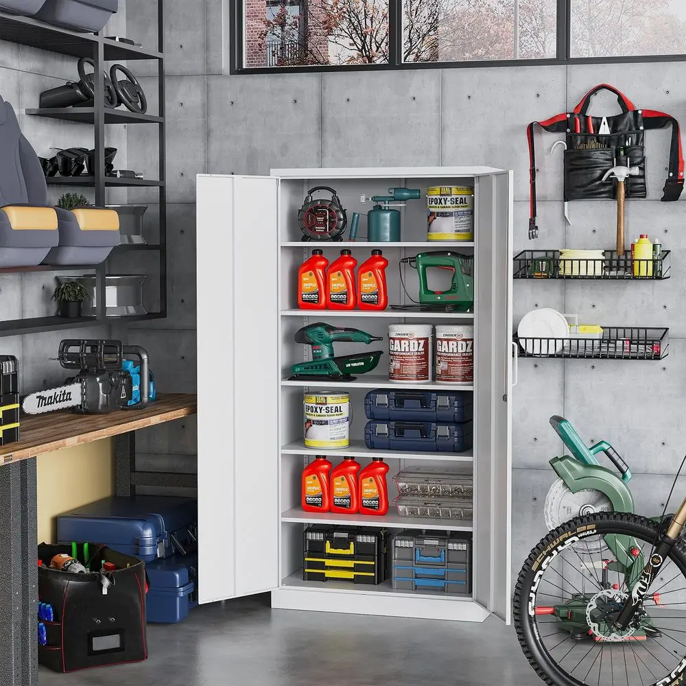 

Металлический шкаф для хранения с замком и 5 регулируемыми полками, 71x32x16 дюймов, высокий металлический шкафчик для офиса, дома, гаража, спортзала, школы