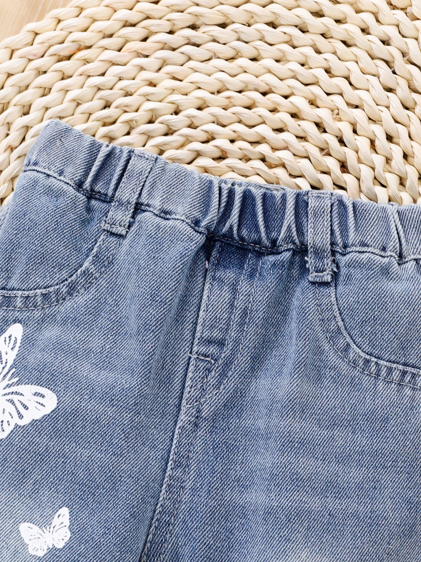 Baby Baby girl denim pants Spring and autumn printed butterfly waist all round elastic spray white denim light blue