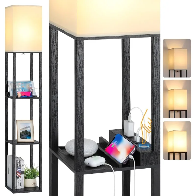 Touch Control Shelf LED Floor Lamp with Shelves, Charging USB, Type C Port and Power Outlet, Dimmable Standing Lamp