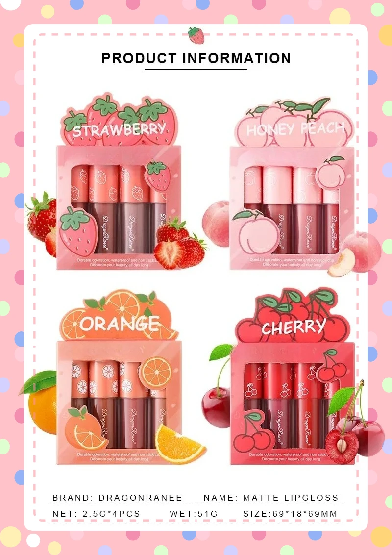 * 4 unids/set Mini juego de esmalte de labios mate, esmalte de labios de fruta antiadherente que no se decolora, barras de labios líquidas de larga duración, cosméticos de maquillaje impermeables