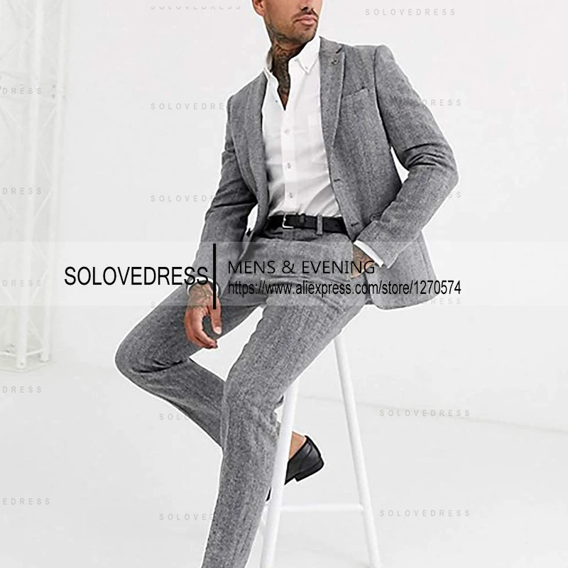 2 Pieces Men\'s Suits Herringbone Slim Fit  Single Breasted Suit Formal Suits Groomsmen Wedding Tailored Fit (Blazer+Pants)