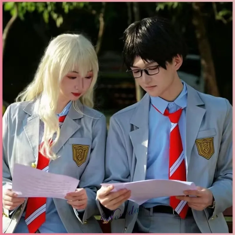 Anime Je Leugen In April Kaori Miyazono Cosplay Kostuum Arima Kousei Synthetische Pruik Jas Shirt Rok School Uniform Meisjes Vrouwen