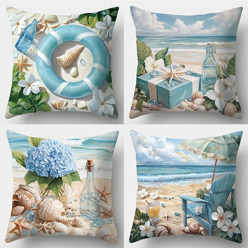 Set of 4 Beach Coastal Throw Pillow Covers Ocean Nautical Tropical Summer Cushion Cases Home Decor Seashore Accent Pillow Gift