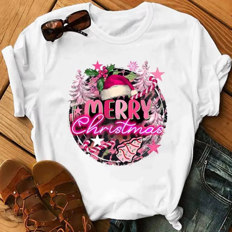 Camiseta de manga corta informal de verano para mujer, camiseta gráfica de estilo Harajuku con pintura de serie navideña