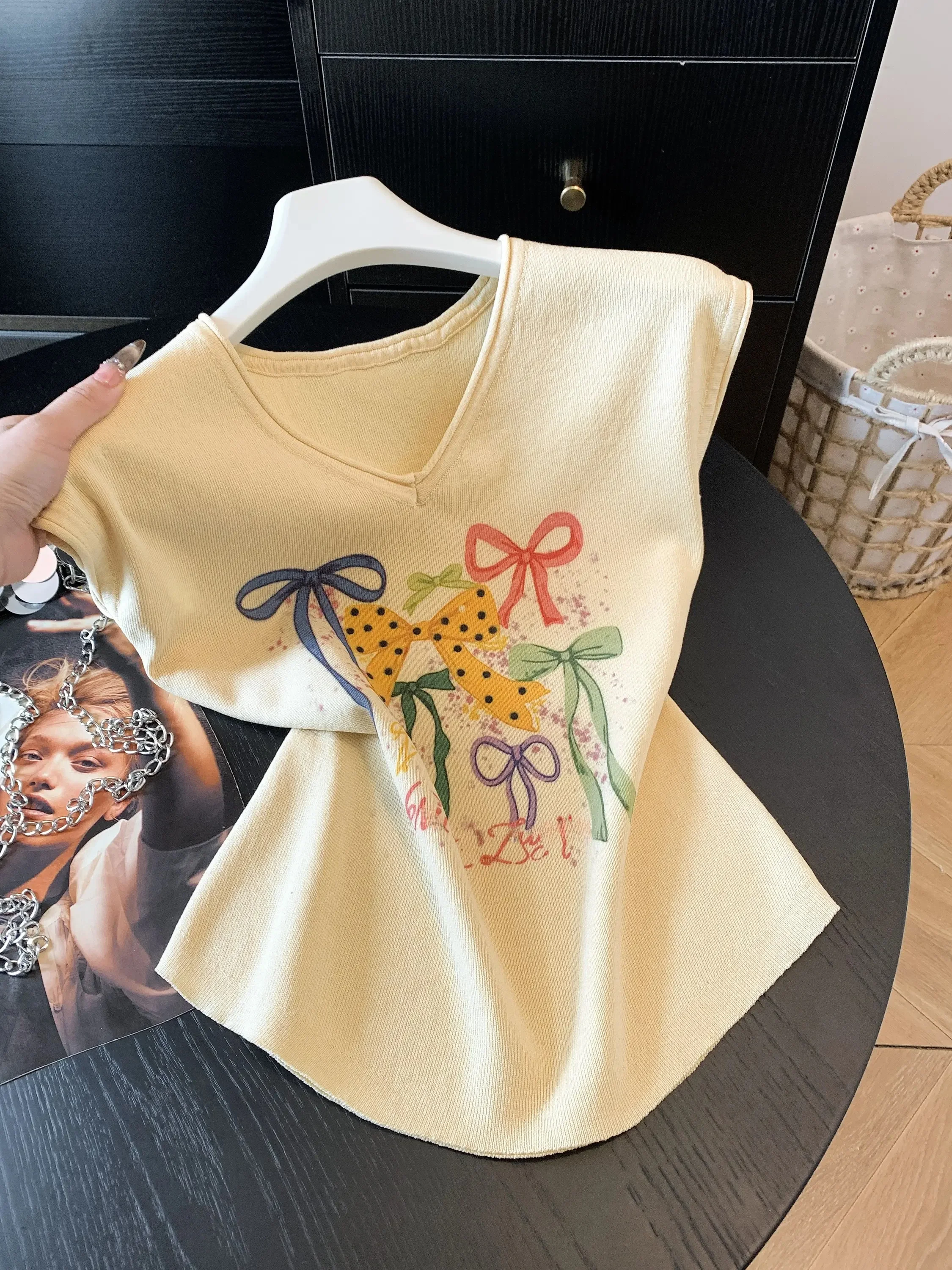 

Korean Style Sweet Knot Print V-Neck Knitted Short Sleeve T-Shirt Women Summer Thin Slimming Shoulder Level Top