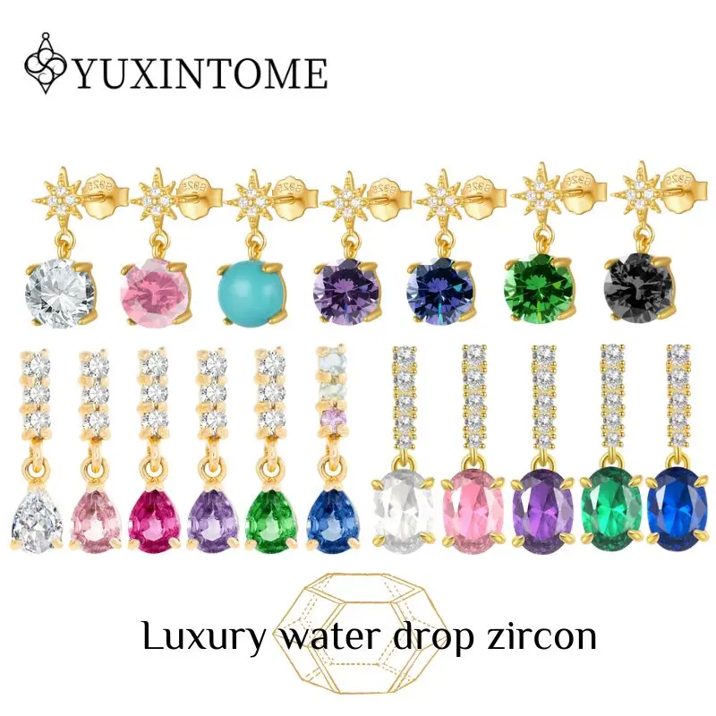 

YIXINTOME 925 Silver Needle Colored Water Drop Zircon Pendant Stud Earrings For Women Luxury Crystal Fashion Jewelry Gift