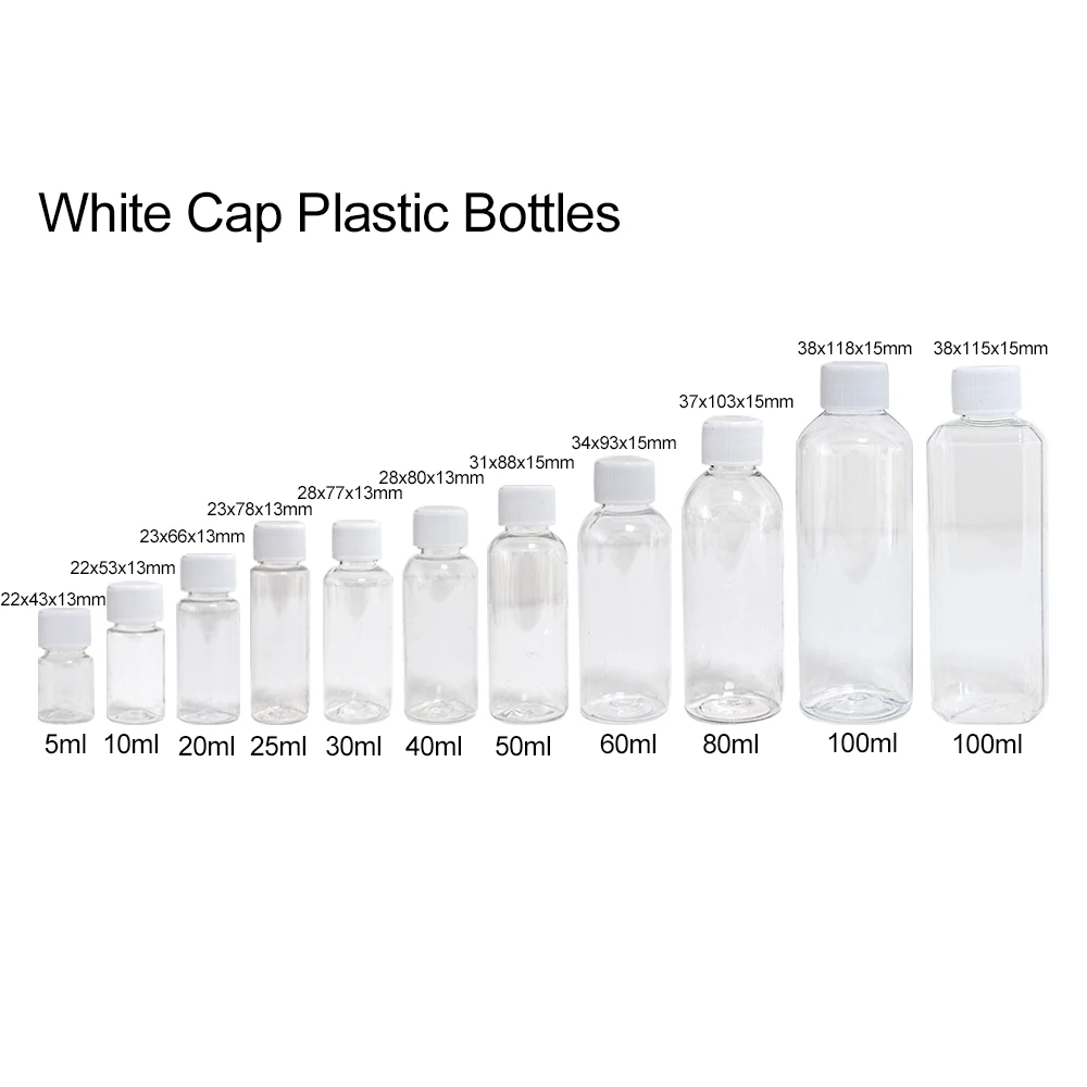 100Pcs 5ml 10ml 20ml 30ml 50ml 80ml 100ml Refillable Bottles PET Clear Empty Seal Bottles Sample Containers Plastic Screw Cap