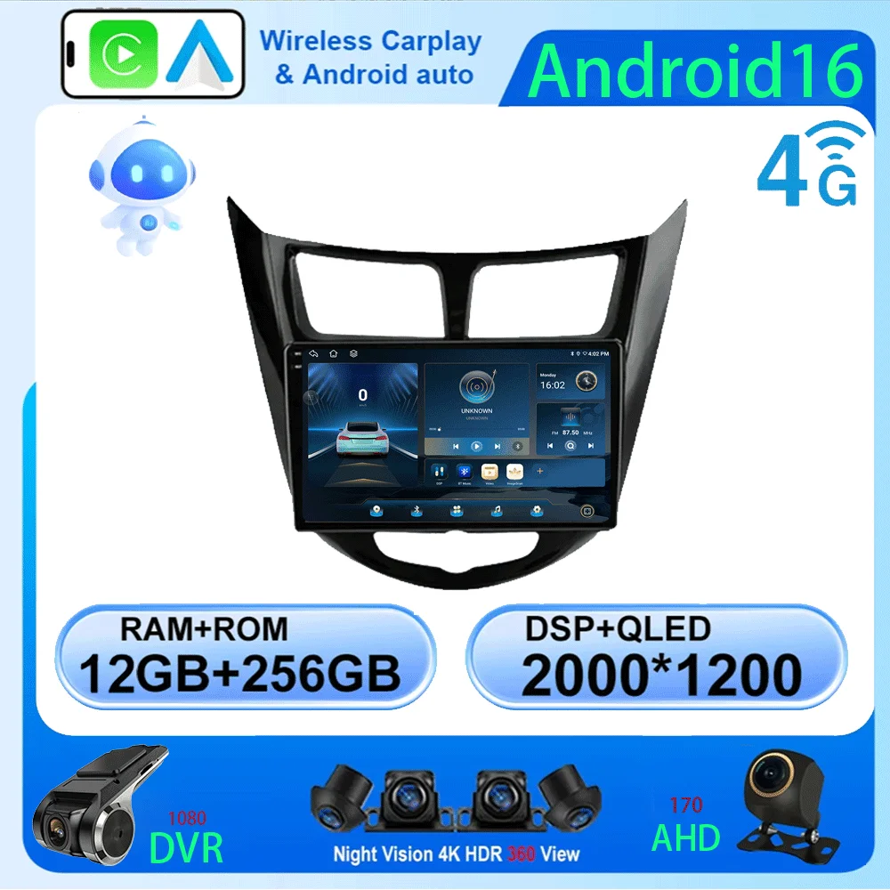 

LJZN Android 16 Carplay Car Radio for Hyundai Solaris Verna Accent 1 2010 - 2016 Multimedia Player 2 Din GPS 4G DVD Head Unit