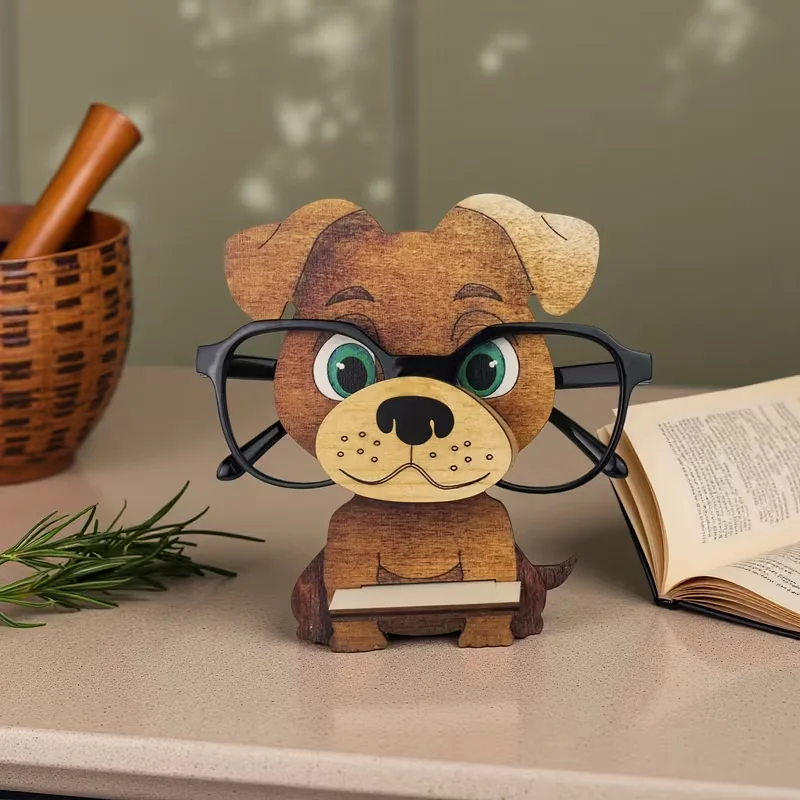 An interesting wooden yellow dog-shaped eyeglass frame, suitable as a desktop decoration or a home office accessory.