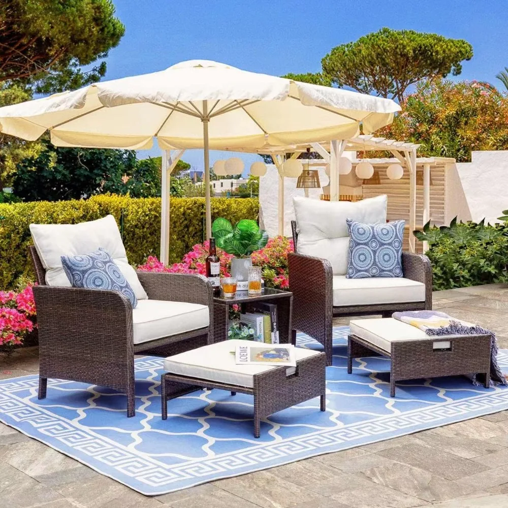 5 Piece Outdoor Wicker Rattan Patio Furniture Set with Upholstered Patio Loungers, Footstool Floor, Lawn Table, Swimming Pool