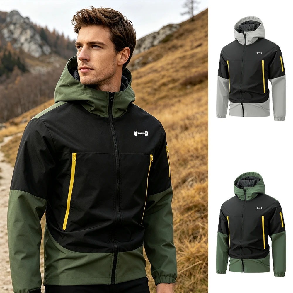 Men's Trendy Zip Up Hooded Windbreaker With Dumbbell Print And Multiple Pockets For Autumn Outdoor Hiking Camping And Sports