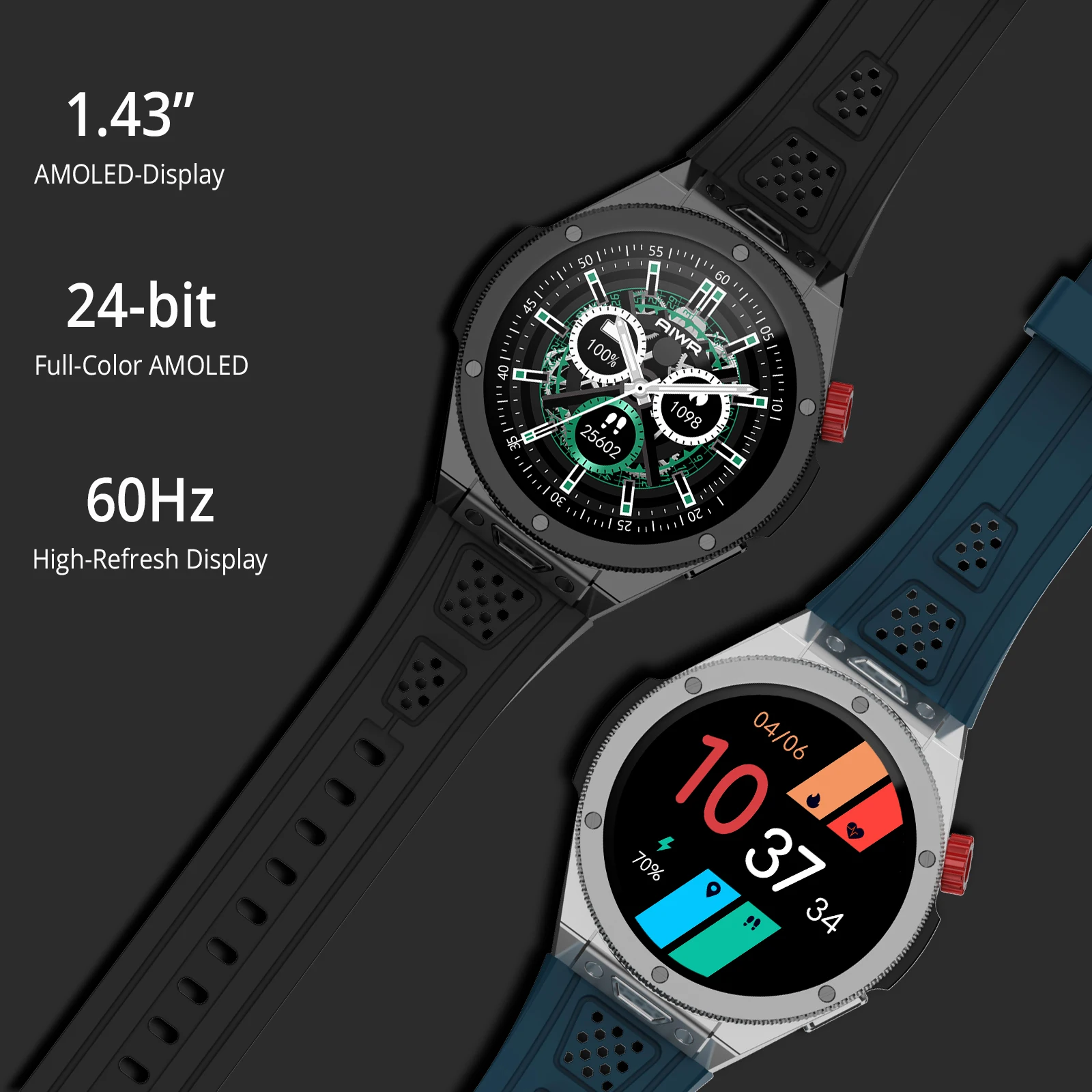 ساعة AIWR Cynex الذكية، GPS، 1.43 بوصة AMOLED، AI Watch Faces ChatGPT، ENC Call، مراقب معدل ضربات القلب 5ATM مقاومة للماء لنظام Android iOS