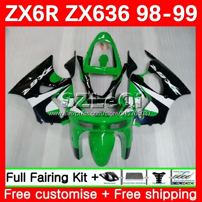 Factory Green Body + Decal For KAWASAKI NINJA ZX 6R 636 6 R ZX-636 600 CC ZX6R 98 99 99No.10 ZX600 ZX-6R ZX636 1998 1999 Fairing