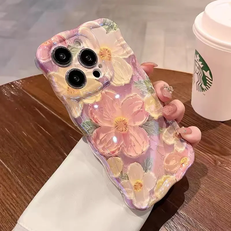 Luxury Pink Laser Flowers Phone Case For iPhone 14 Pro Max 11 12 13 15 Pro Max Lens Protection Shockproof Bumper Soft Cover