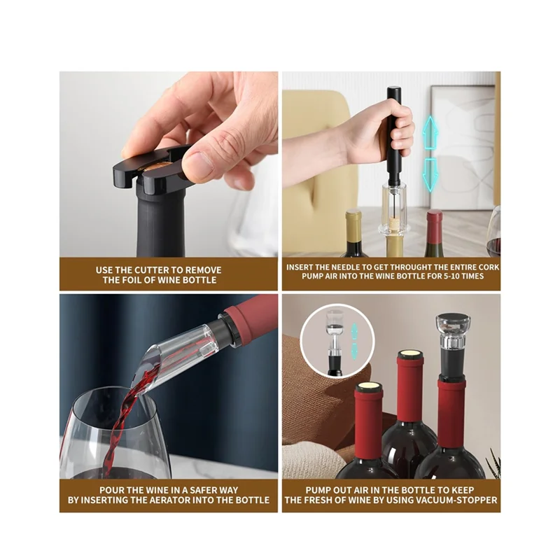 ABBK-مجموعة فتاحة زجاجات النبيذ مع مضخة هواء 4 في 1، قاطع رقائق معدنية، لمدفق النبيذ، سدادة مفرغة وقاعدة تخزين لمحبي النبيذ #4