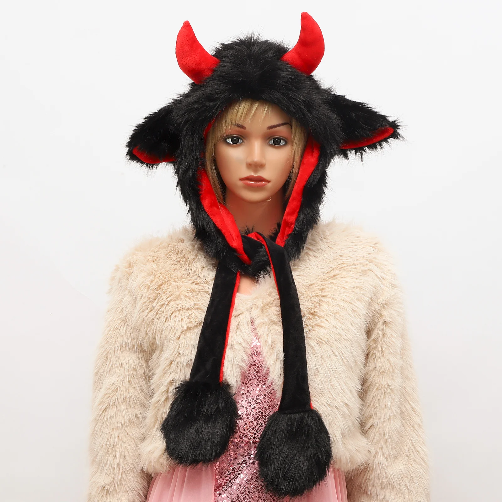 Cute Plush Animal Buffalo Ear Hat Unisex Winter Funny Cow Horn Hat Warm Windproof Hat for Shows Halloween Party Cosplay Costumes