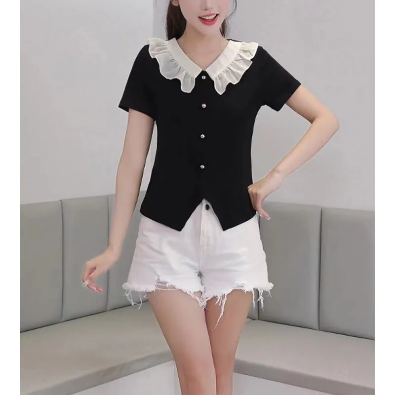 New Women's 2024 Summer Contrast Color Peter Pan Collar Button Spliced Fashion Loose Casual Commuter Short Sleeve T-shirt Tops