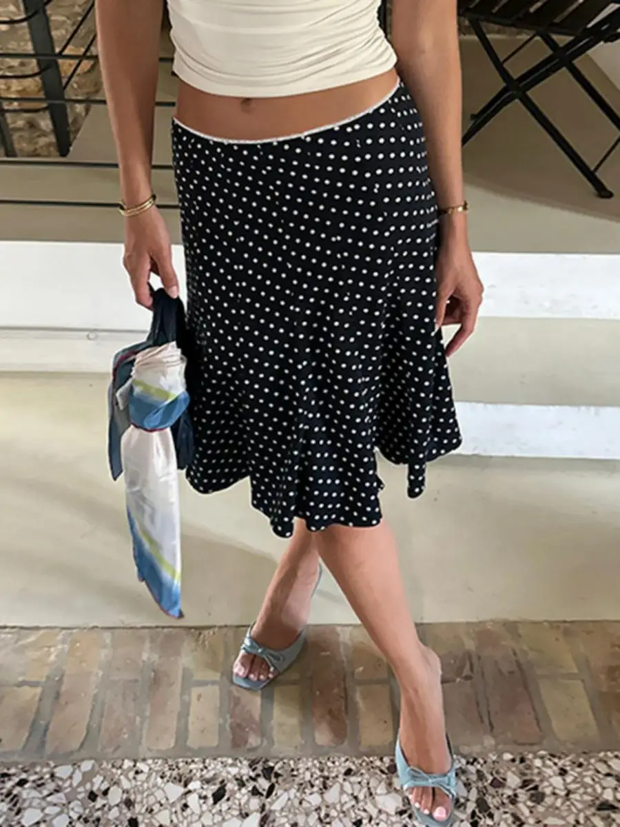 

Faionable Summer Polka Dot Print ter Ne Dr Women's Vintage Sle Bodycon Fi Tail Skirt Full Length A-Line Skirt