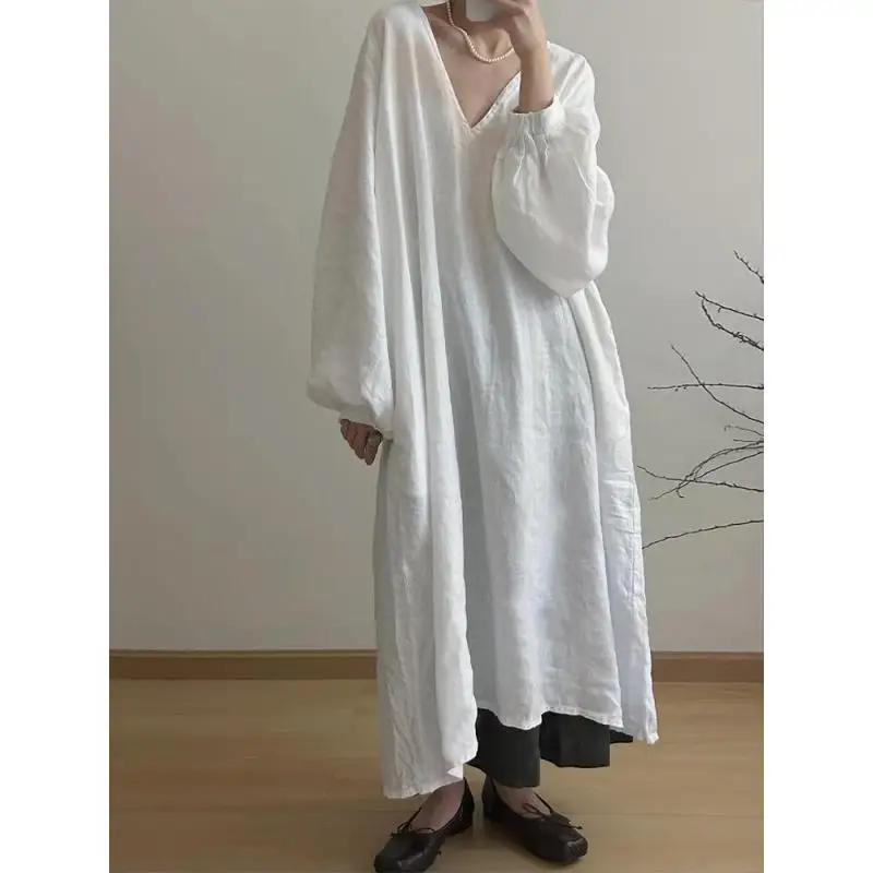 2024 New Arrival Spring Autumn Arts Style Women V-neck Loose Casual Long Dresses Puff Sleeve Vintage Cotton Linen A-line Dress