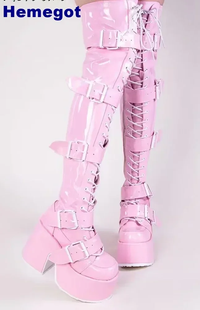 Pink Platform Belt Buckle Women\'s Boots 2024 Autumn Round Toe Cross Strap Thick High Heels Fashion Overknee Street Knight Boots