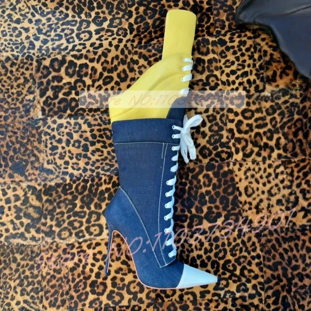 

Женские высокие сапоги до колена в стиле колор-блок, желто-темно-синие, модные, на шнуровке, с острым носком, джинсовые, на шпильке, в дерзком уличном стиле