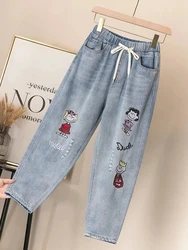 Oversize Cartoon Embroided Harem Jeans Baggy Ankle-length Denim Pants Lace Up Spodnie Straight Ripped Vaqueros High Waist Jeansy