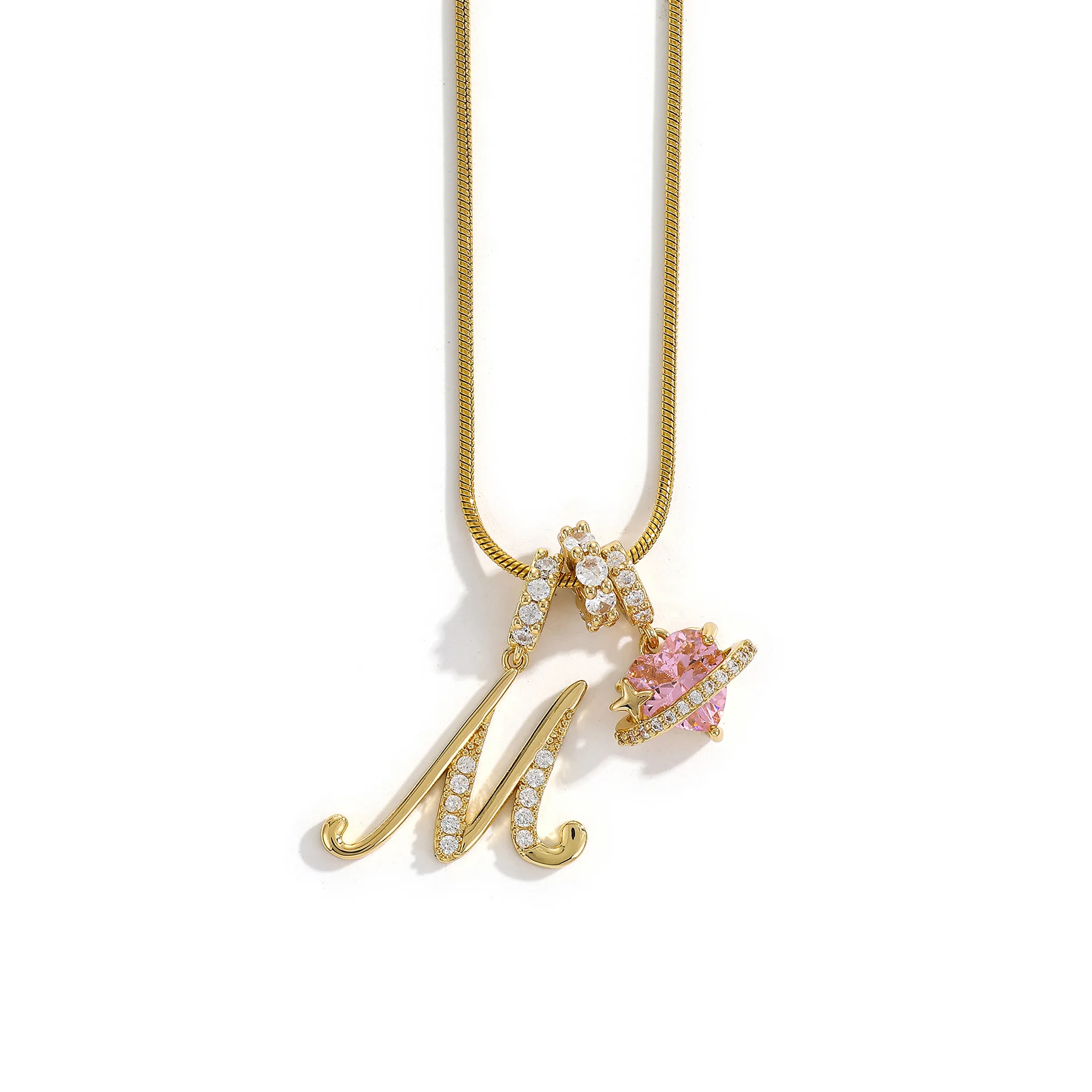 Women's A-Z Initial Letter Pendant Necklace Snake Chain Initial Alphabet CZ Pink Heart Necklace Adjustable Size Hypoallergenic