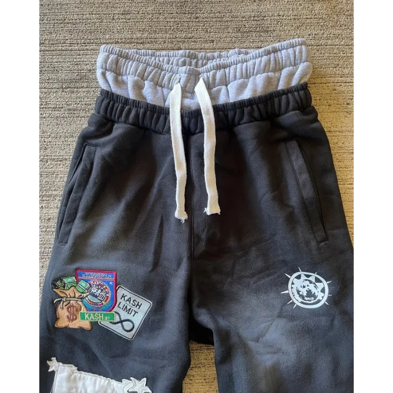 American Sweatpants Y2K Pants Men Gothic Hip Hop Letter Patch Retro Double Layer Design Baggy Elastic Waist Jogging Casual Pants