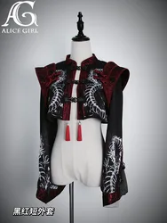 Original Design Dragon Embroidery Chinese Gothic lolita short jacket Black Red Stand Collar Ethnic Costumes Jackets