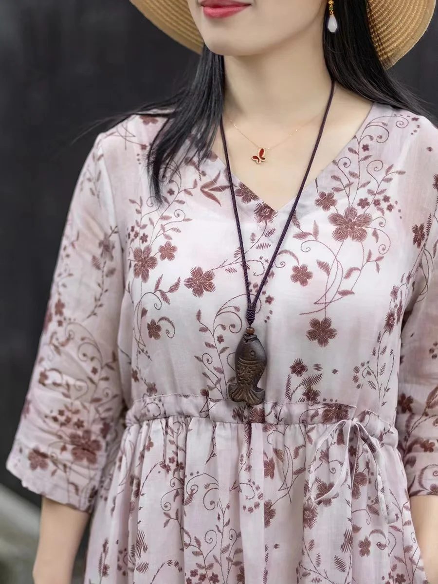 レディース綿麻Vネックラミードレス2025新作夏花柄ルーズロングドレスボヘミアンストリートウェア