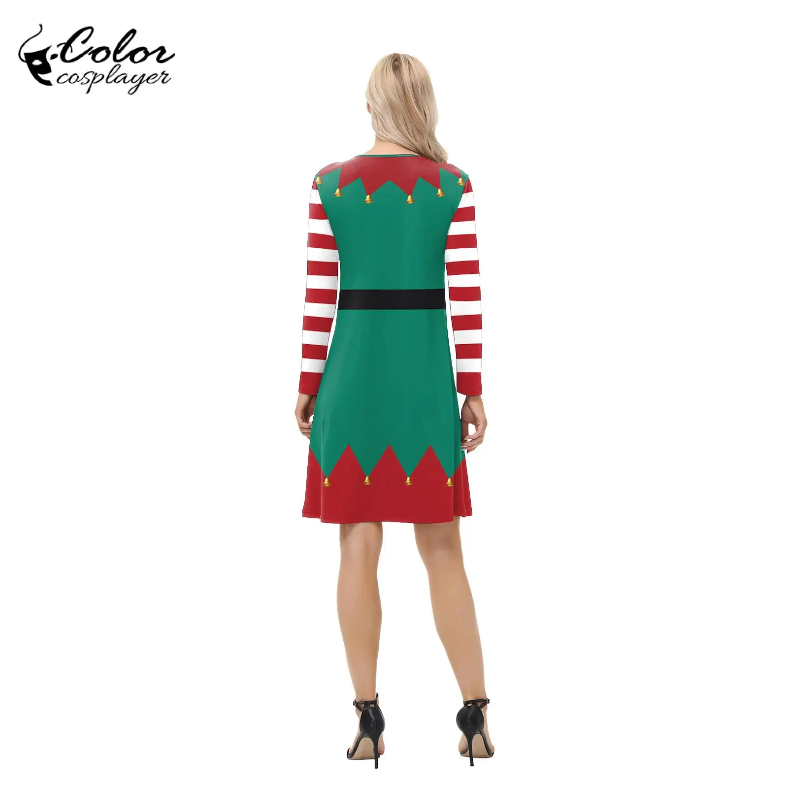 Color Cosplayer Christmas Dress Long Sleeved Stripes 3D Printed Dresses Ladies Xmas Party Dress Up Carnival Cosplay Costumes