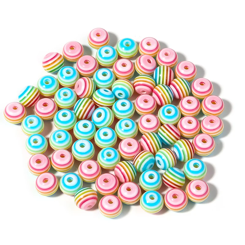 50pcs/lot Resin Round Beads 6/8/10/12mm Rainbow Color Stripe Pattern Loose Spacer Beads For DIY Jewelry Making Bracelet Necklace