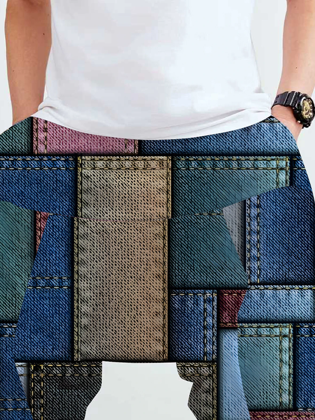 

Men's denim patchwork pants, featuring unique and fashionable patterns, with drawstrings and pockets