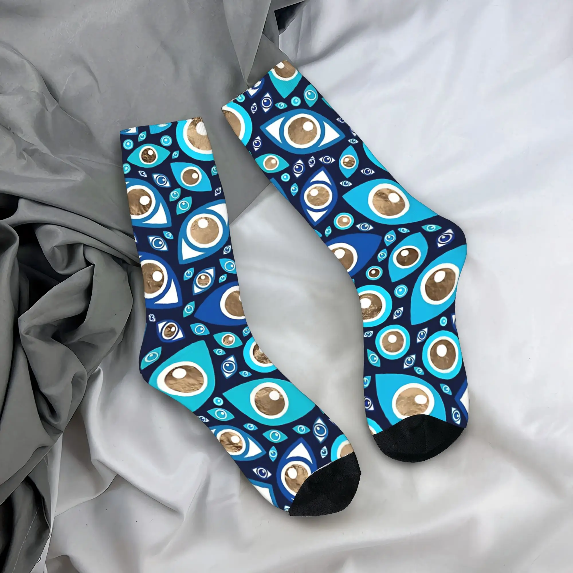 

Носки с узором «греческое злое глазо» в синих и золотых тонах, с принтом, нескользящие, мужские, высококачественные, зимние, забавные, для альпинизма